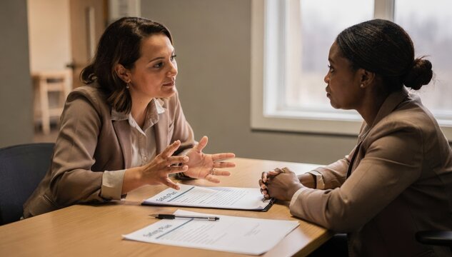 Medium shot of a counselor guiding a survivor through a personalized safety plan seated at a desk with background softly blurred to emphasize privacy.