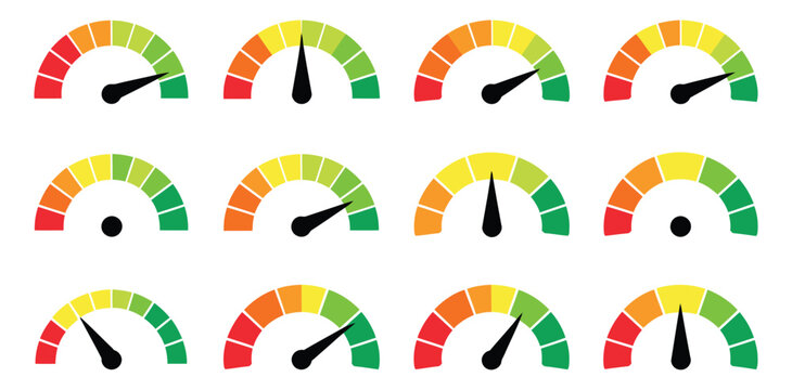 Gauge meter icon set featuring colorful performance level indicators, speed dials, progress scales, dashboard charts