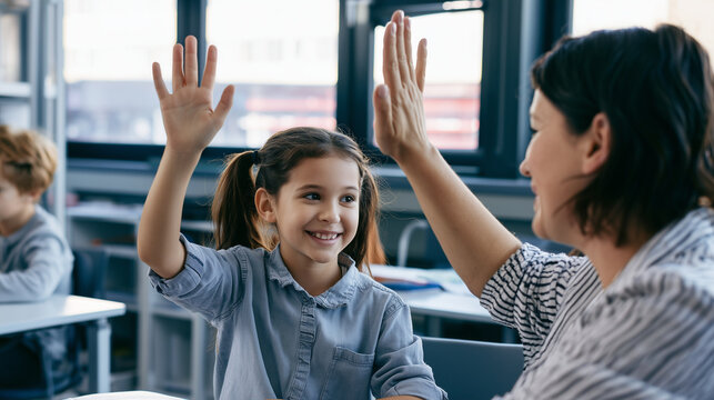 Happy Teacher and Schoolgirl Giving High Five During Classroom Learning Activity Happy teacher and schoolgirl giving a high five during a lesson in a modern classroom, positive edu