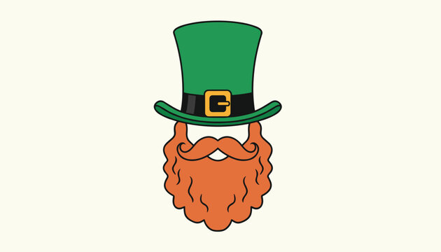 Classic leprechaun green top hat with a gold buckle and a thick orange beard, perfect for Saint Patricks Day.