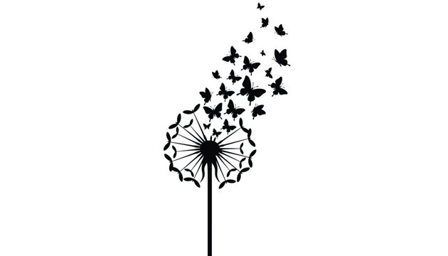 Beautiful dandelion silhouette with seeds transforming into flying butterflies, isolated on a white background.