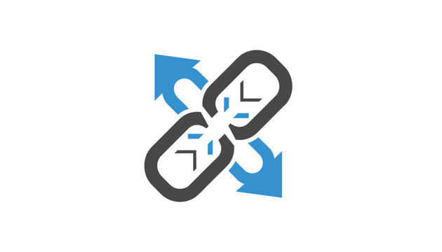 Broken chain link symbol with blue arrows pointing outwards, representing disconnection, unlinking, or freedom.