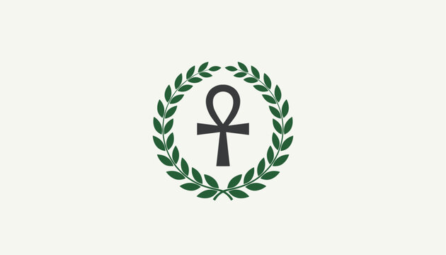 Egyptian ankh symbol of life surrounded by a green laurel wreath border on cream background.