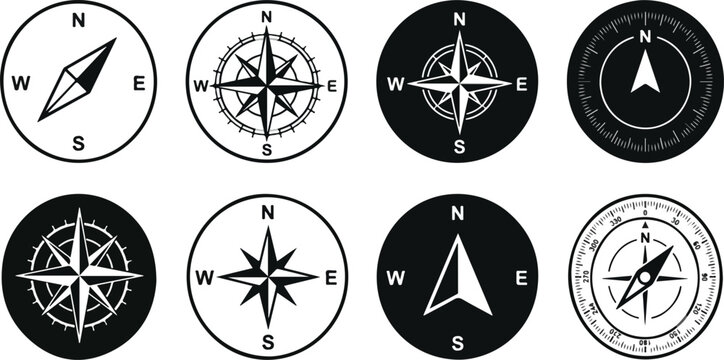 Directional compass points N S W E icon set vector, north south west east navigation arrow symbols, travel orientation and map direction indicators, flat vector illustration eps 10. See Less.eps