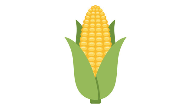 Fresh yellow ear of corn with green husks stands vertically on a clean white background as a flat icon.