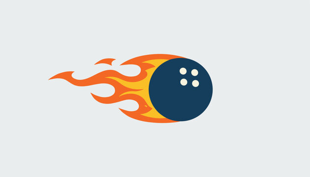 Flaming bowling ball with hot orange and yellow flames flies through the air on a light grey background.