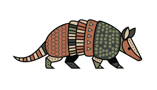 Colorful armadillo in traditional Aztec geometric pattern is shown walking on a clean white background.
