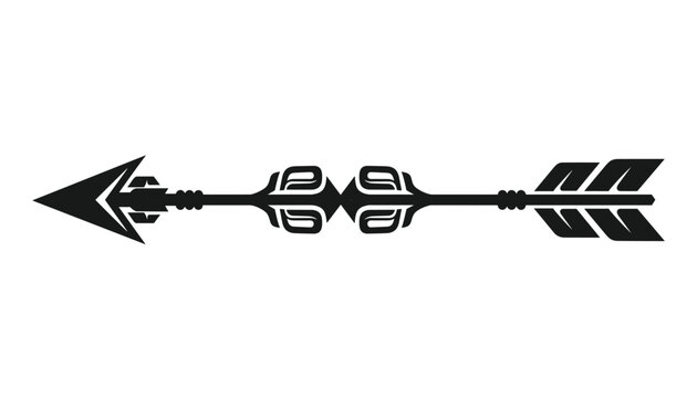 Ornate black tribal arrow points to the left with traditional feather details on a solid white background.