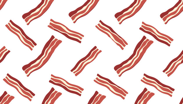 Seamless food pattern showcases delicious wavy strips of red and white bacon on a solid white background.