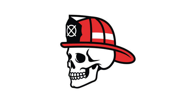 Edgy graphic illustration of a human skull wearing a classic red and black firefighter helmet, on white background.
