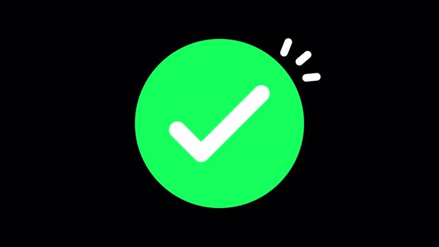 Bright green check mark icon on black background, modern approval symbol graphic, stylized design with emphasis lines for presentations and websites