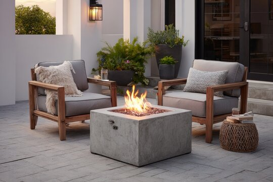 portable fireplace bioetanol powered fire pit in a clean, modern patio setting with two chairs, soft evening light, and minimal decor for a cozy but uncluttered look.