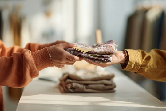 Donating clothes. exchanging a folded clothing item across a clean, minimalist store counter. Shopping for used clothes without getting plastic bag
