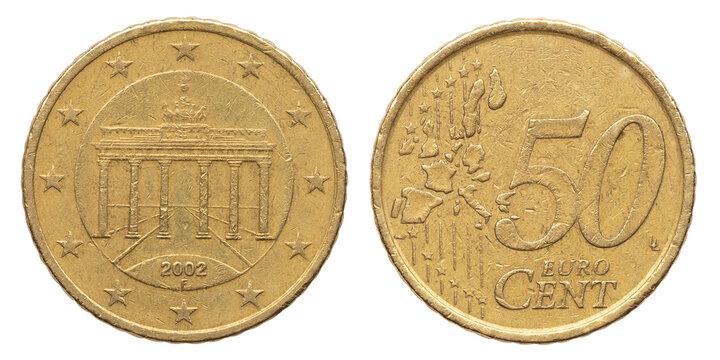 Vintage 50 Euro cent coin 2002, heads and tails. png isolated on transparent background.