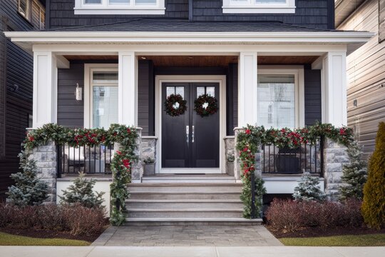 Christmas decorations - closeup of front porch of house with Xmas decorations of contemporary home with clean siding, surrounded by a tidy yard