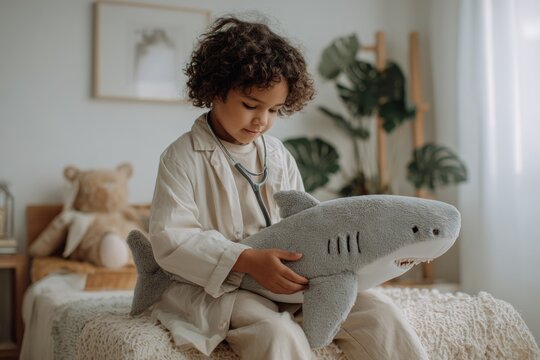 emotional intelligence. diverse child playing doctor with his big plush shark big toy at cozy home, neutral color palette, developing cognitive games. Imaginative play, early learning.