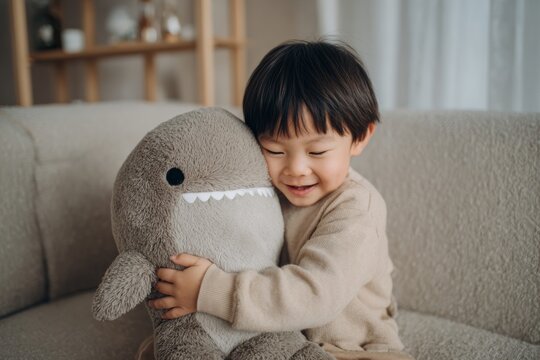 emotional intelligence. diverse child playing doctor with his big plush shark big toy at cozy home, neutral color palette, developing cognitive games. Imaginative play, early learning.