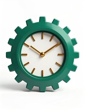Green gear clock with gold hands on white background