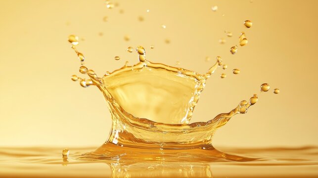 Golden liquid splash with droplets creating a crown-like shape against a yellow background.