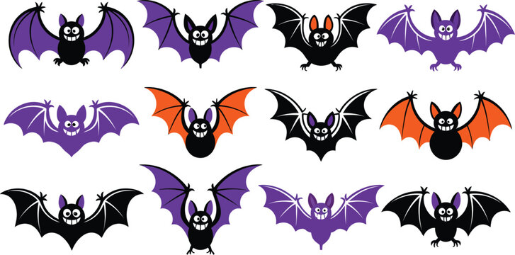 Halloween bat clip art set in black purple and orange