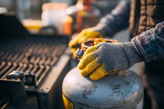 Technician hands wearing work gloves connecting a propane tank to an outdoor grill or heater, clean background with focus on safety and precision. 