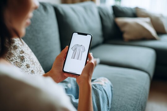 online shopping, EU raising tax on non-EU shipping items, woman sitting a o couch, holding a mobile phone on the screen is a shirt for concept of online shopping, minimal style, 