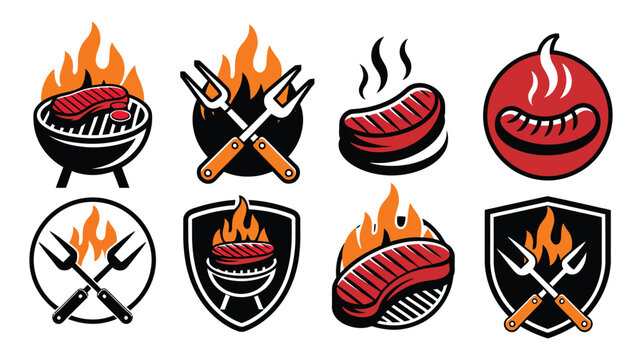 Barbecue grill badge set featuring steak, sausage, and cooking tool symbols, outdoor cooking emblems for BBQ events
