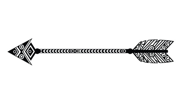 Tribal aztec arrow design decorated with geometric patterns and feathers, shown as black and white line art.