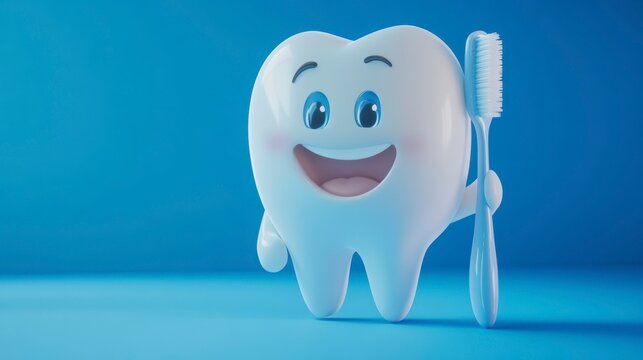 Happy cartoon tooth holding toothbrush on blue background.