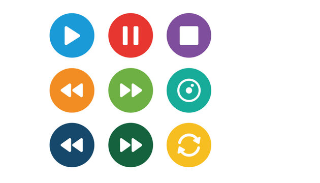 Grid of nine colorful circular media player buttons including play pause stop and fast forward controls.