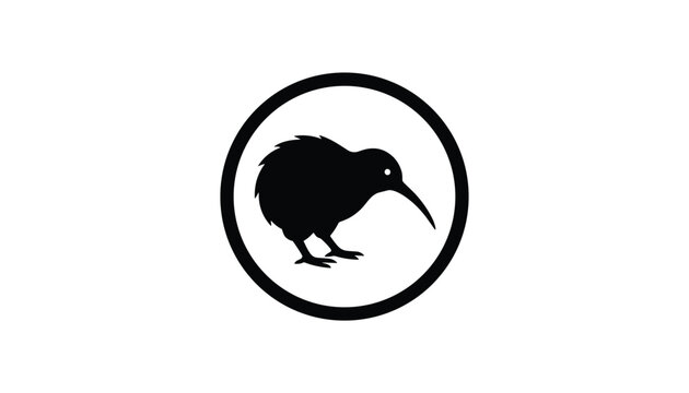 Detailed silhouette of a flightless kiwi bird standing inside a black circular frame isolated on a white background.