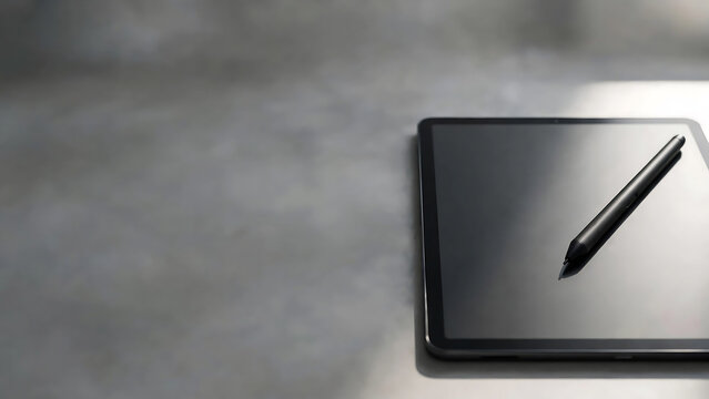 Professional digital drawing tablet and stylus pen on a modern grey textured background for creative design