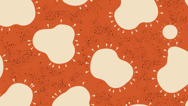 Seamless abstract pattern featuring creamy amoeboid forms with radial spikes, a sunburst icon, and scattered black speckles on a rich terracotta orange background.
