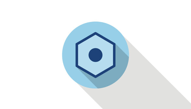 Symmetric blue hexagonal nut icon with a circular hole in the center featuring a modern long shadow on light blue.