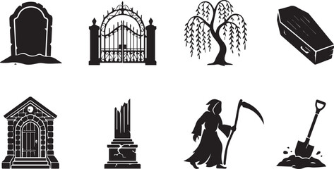 Fototapeta premium Set of black silhouette icons representing cemetery, graveyard, and eerie gothic horror theme design elements
