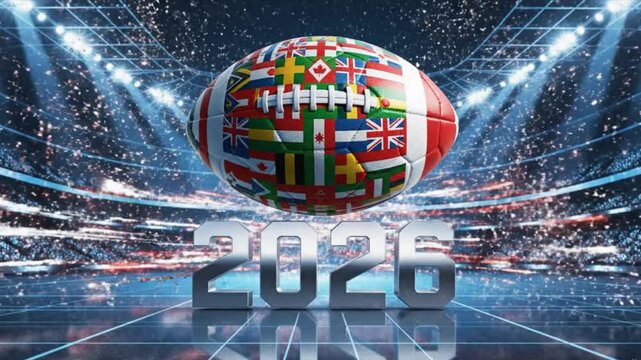 2026 World Cup Football on the Field: A stylized football adorned with numerous national flags floats above the 2026 date on a stadium field, surrounded by blurred lights and stands.