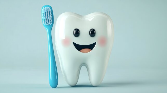 Happy cartoon tooth with toothbrush, promoting oral hygiene and dental care.