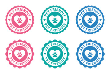 Obraz premium Set of colorful pet friendly round badge labels with paw print and heart symbol for animal lovers and veterinary services