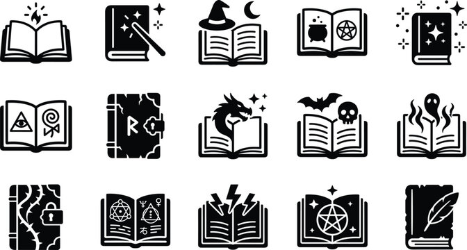 Set of black magic spell books and occult grimoire icons featuring symbols like pentagrams dragon skull ghost and witch hat isolated on a white background