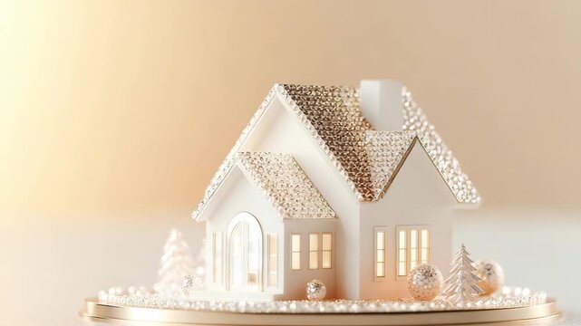 A small gingerbread house is decorated with icing and candy. The lights shine warmly as it sits on a table. The bright colors bring joy. Winter decorations surround the house