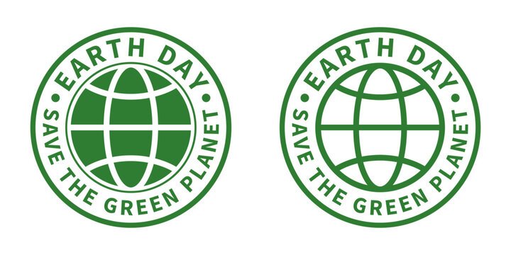 Earth day save the green planet round badge logo icon design with a world globe symbol for environmental awareness campaigns