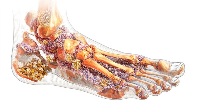 Realistic medical 3D illustration of human joint inflammation caused by gout disease, painful uric acid crystal buildup in toe joint, anatomical close-up showing swollen tissue, medical infographic 
