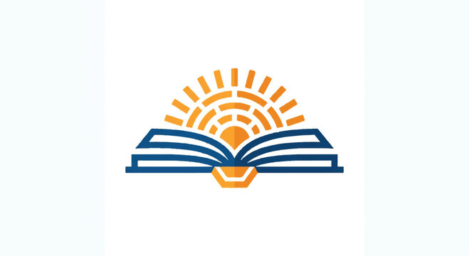Abstract book and rising sun icon logo design.