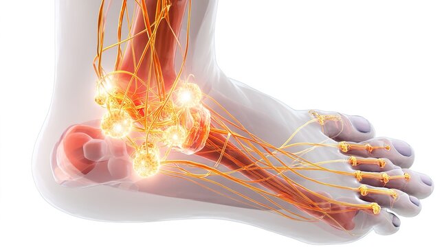 Realistic medical 3D illustration of human joint inflammation caused by gout disease, painful uric acid crystal buildup in toe joint, anatomical close-up showing swollen tissue, medical infographic 