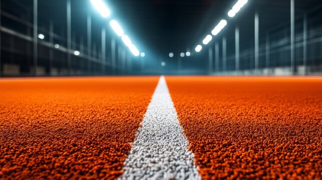 Indoor running track with bright lights and white line.