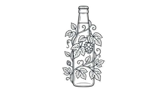 Botanical Line Art Illustration of Craft Beer Bottle with Hops