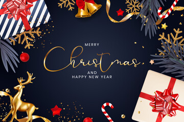 Holiday card with golden reindeer bells and christmas gifts on dark blue. © MDSHOHANRIDOY