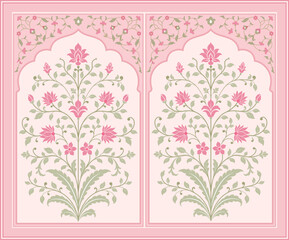 Fototapeta premium Traditional Mughal floral artwork with ornamental border and botanical flower motifs. Mughal floral artwork with hand drawn motifs.