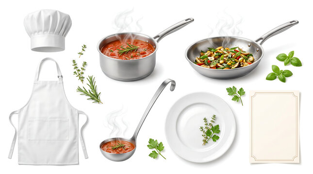 Chef cooking utensils and food ingredients set isolated on white background