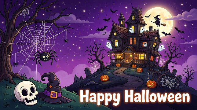 Spooky happy halloween night scene with haunted house and full moon